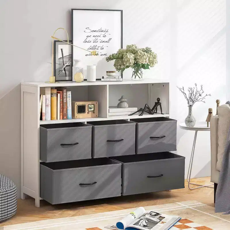 5/7-Schubladen-Kommode für Schlafzimmer mit 2 großen Stoffkörben Weiß