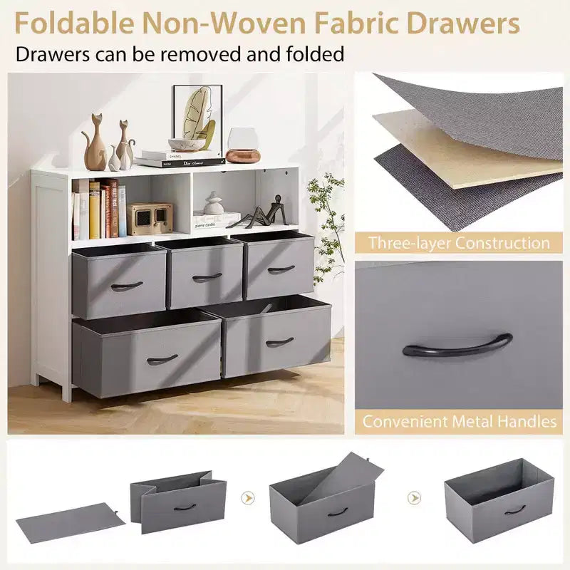 5/7-Schubladen-Kommode für Schlafzimmer mit 2 großen Stoffkörben Weiß
