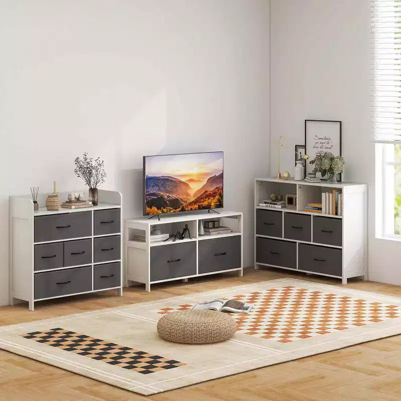 5/7-Schubladen-Kommode für Schlafzimmer mit 2 großen Stoffkörben Weiß