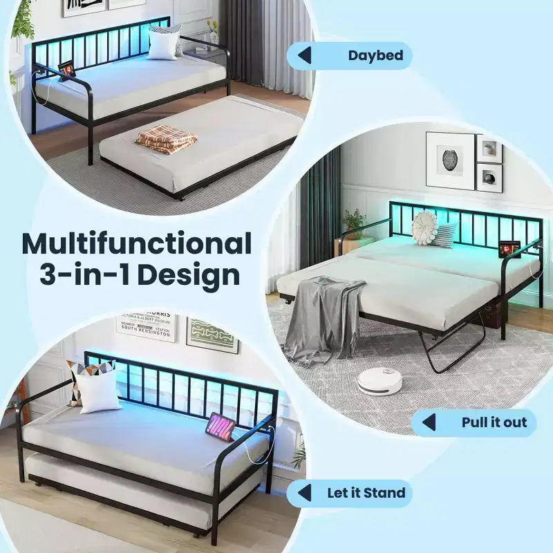 Doppel-Tagesbett, verstellbares Schlafsofa-Gestell mit Ladestation und LED-Beleuchtung