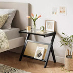 Rattan End Table with Bamboo Frame Tempered Glass Top Z-Shaped Storage Shelf Natural