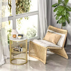 Rattan Beistelltisch mit Bambusgestell, Platte aus gehärtetem Glas, Z-förmiges Ablagefach, Natur