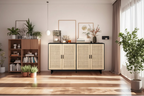 62.20Rattan Storage Cabinet, Modern Wooden Buffet Cabinet With 4 Doors Adjustable Shelves, Accent Sideboard Storage Cabinet For Living Room Hallway