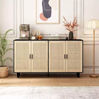 62.20Rattan-Aufbewahrungsschrank, moderner Holz-Buffetschrank mit 4 Türen und verstellbaren Einlegeböden, Akzent-Sideboard-Aufbewahrungsschrank für Wohnzimmer, Flur