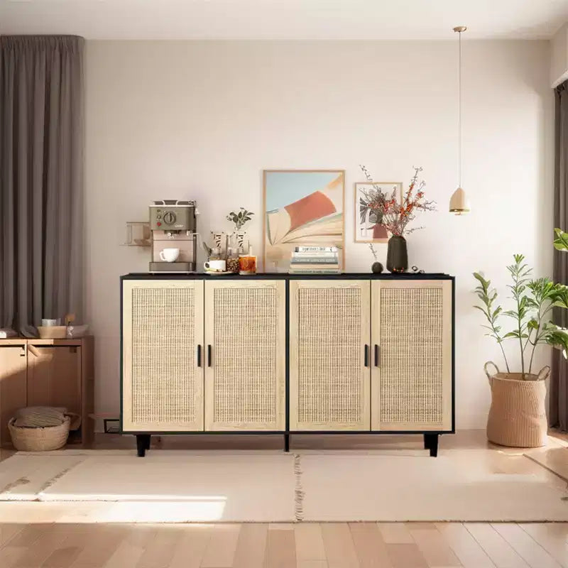 62.20Rattan Aufbewahrungsschrank, Modernes Holz-Buffet-Sideboard mit 4 Türen und verstellbaren Einlegeböden, Akzent-Sideboard-Schrank für Wohnzimmer und Flur