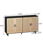 62.20Rattan-Aufbewahrungsschrank, moderner Holz-Buffetschrank mit 4 Türen und verstellbaren Einlegeböden, Akzent-Sideboard-Aufbewahrungsschrank für Wohnzimmer, Flur