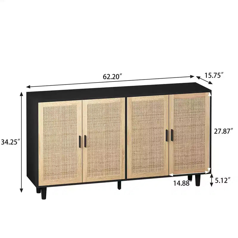 62.20Rattan Aufbewahrungsschrank, Modernes Holz-Buffet-Sideboard mit 4 Türen und verstellbaren Einlegeböden, Akzent-Sideboard-Schrank für Wohnzimmer und Flur