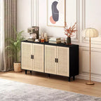62.20Rattan-Aufbewahrungsschrank, moderner Holz-Buffetschrank mit 4 Türen und verstellbaren Einlegeböden, Akzent-Sideboard-Aufbewahrungsschrank für Wohnzimmer, Flur