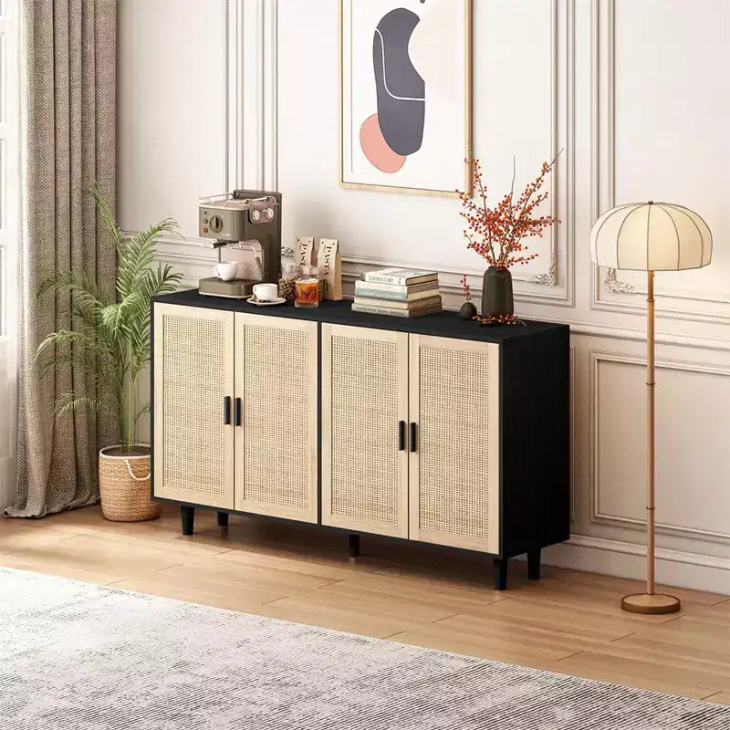 62.20Rattan Aufbewahrungsschrank, Modernes Holz-Buffet-Sideboard mit 4 Türen und verstellbaren Einlegeböden, Akzent-Sideboard-Schrank für Wohnzimmer und Flur