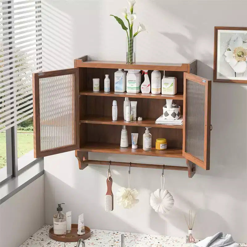 24.8Glas-Doppel-Wandschrank im Vintage-Stil mit drei Ablagefächern und Handtuchhalter, für Bad, Küche, Esszimmer, Braun