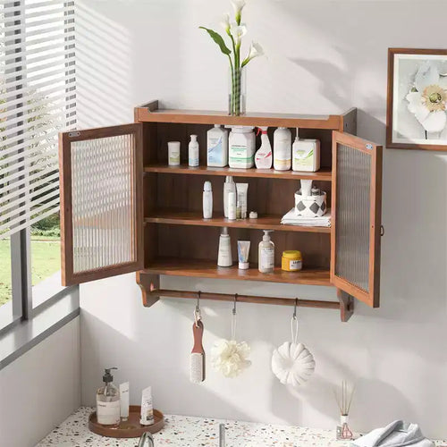 24.8Glas-Doppel-Wandschrank im Vintage-Stil mit drei Ablagefächern und Handtuchhalter, für Bad, Küche, Esszimmer, Braun