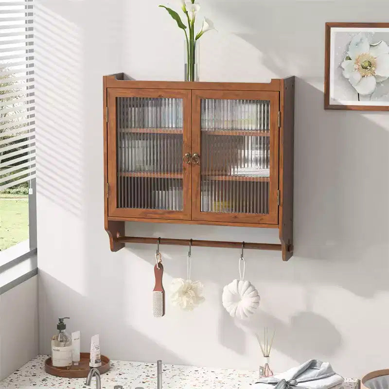 24.8Glas-Doppel-Wandschrank im Vintage-Stil mit drei Ablagefächern und Handtuchhalter, für Bad, Küche, Esszimmer, Braun
