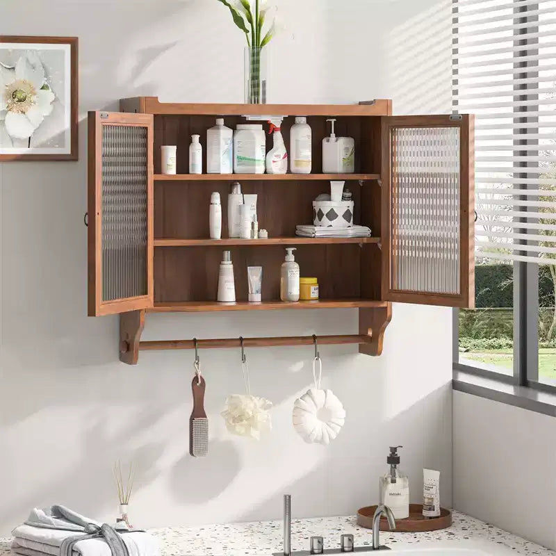 24.8Glas-Doppel-Wandschrank im Vintage-Stil mit drei Ablagefächern und Handtuchhalter, für Bad, Küche, Esszimmer, Braun